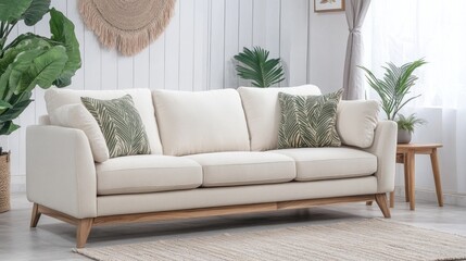 Cream-colored sectional sofa with light wood legs and patterned pillows.