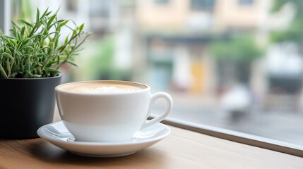 Fototapeta premium Latte art in a white cup next to a potted plant on a window sill
