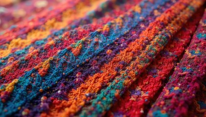 Fototapeta premium Close-up of colorful fabric swatch, intricate woven design, bold, handmade, style