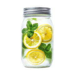 lemonade with lemon slices and mint leaves in glass jar.