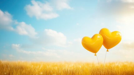 Two yellow heart balloons floating above golden field under sunny sky