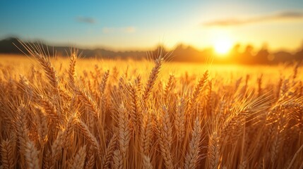 Obraz premium Golden wheat field at sunset. Lush, ripe wheat stalks bathed in warm sunlight. A beautiful summer landscape