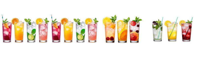colorful summer cocktails isolated on white background.