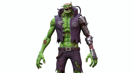 Fototapeta premium 3d cartoon cyborg green zombie on white background