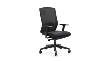 Fototapeta premium A black office chair with mesh back and armrests isolated on a white seamless background studio shot