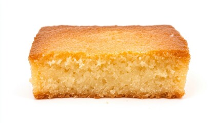 Golden brown cake slice on white background