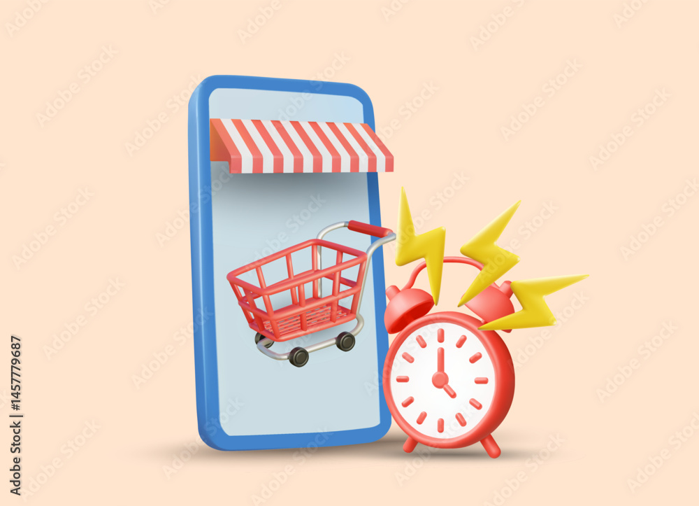 Poster 3d illustration vector render mobile shop icon with shopping cart and clock with lightning symbol. f