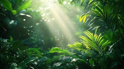 Obraz premium Lush tropical rainforest scene, sunlight filtering through foliage
