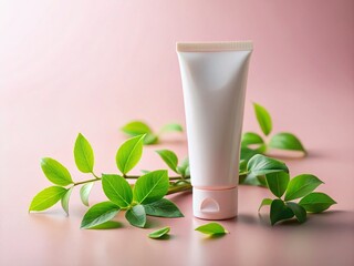 Natural Skincare Lotion Tube with Green Leaves on Pink Background - Tilt-Shift Photography