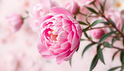 Fototapeta premium Peony flower in blossom on pastel floral background with bokeh. Banner for Mother's day, wedding decoration or beauty branding. isolated with white highlights