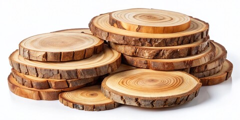 Natural Wooden Slices Stack, Rustic Wood Texture, Isolated White Background, Craft Material,  Organic Design Element