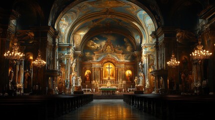 Fototapeta premium Elaborate interior showcases vast architecture, with light streaming through stained glass windows.