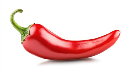 Isolated red chili pepper with a green stem on white background. Good for spicy food, cooking, or hot sauce related designs.