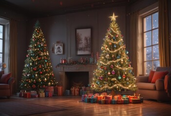 Ornate Christmas tree, vibrant lights, colorful gifts ,  decorated tree,  gift wrapping