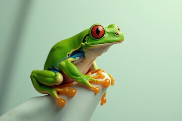 Naklejka premium Green tree frog perched on white, vibrant skin, green frog, zoology, closeup