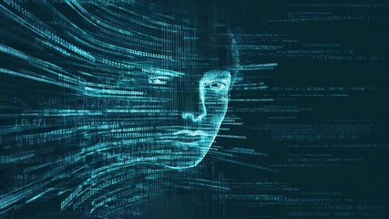 Abstract digital face in binary code, futuristic background, potential for technology, AI, data visualization use - Powered by Adobe
