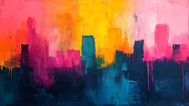 Vibrant Abstract City Skyline Artwork with Texture and Bold Colors in Pink and Yellow Hues