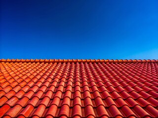 Fototapeta premium New Red Tile Roof Under a Vivid Blue Sky - Architectural Detail Stock Photo