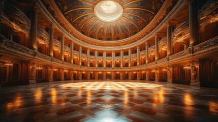 Obraz premium Opulent ballroom interior featuring gilded decorations and a magnificent domed ceiling with skylight