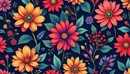 Intricate floral pattern, vibrant hues, seamless repeat, botanical, bloom