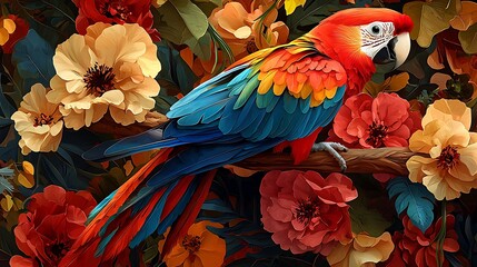Fototapeta premium Vibrant Macaw Perched Among Colorful Tropical Flowers and Lush Greenery in a Lush Jungle Setting