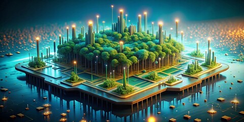 Obraz premium A Serene Technological Oasis Lush Forest Flourishes on a Futuristic Microchip, Illuminated by Glowing Towers