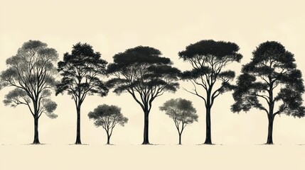 Obraz premium Artistic representation of diverse trees silhouetted against a soft background in varying heights and shapes