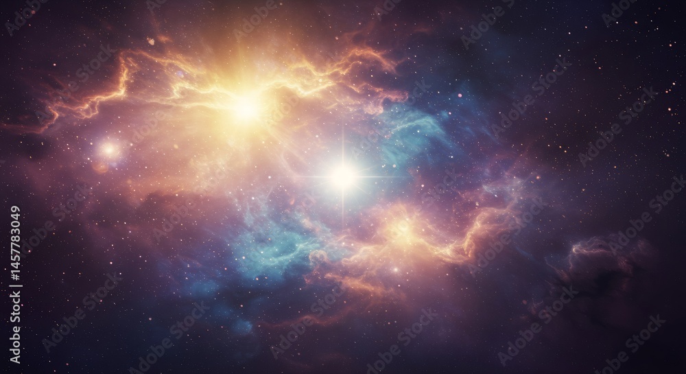 Poster cosmic nebula with glowing stars and colorful gas clouds in deep space. creation concept. universe m