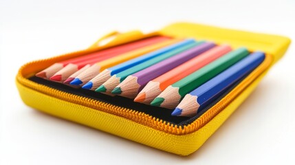 Naklejka premium Back to school pencils in case ready for learning, isolated on white background 