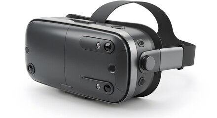 A close up shot of a black virtual reality headset with a head strap on a white background