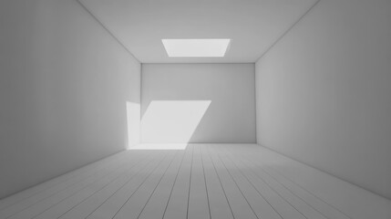Empty white room with skylight and wooden floor
