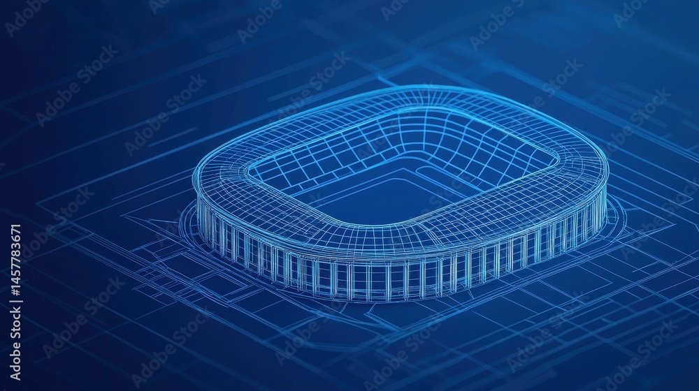 Poster 3d wireframe model of modern stadium design on abstract blue background for architectural visualizat