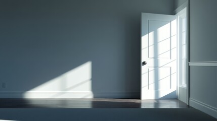 Obraz premium Open door to a sunlit clean room with simple decor, conveying peace and freshness in a minimalist space. 