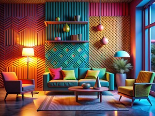 Night Photography: Vibrant Geometric Interior Design, Bold Colors, Playful Patterns