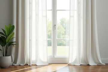Fototapeta premium Simple linen curtains, natural white, crisp pleats, cotton, backdrop