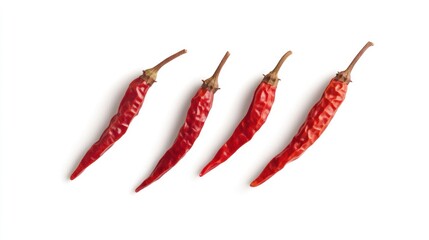 Four dried red chili peppers on white background