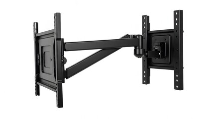 A black metal articulating tv wall mount with a swivel arm on a white background in studio shot