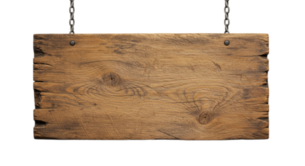 A weathered wooden sign hanging from metal chains against a black background in a studio setting