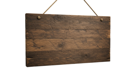 Wooden hanging sign isolated on transparent background, perfect for store signage mockups, rustic decor visuals, business and retail branding, and vintage-style marketing