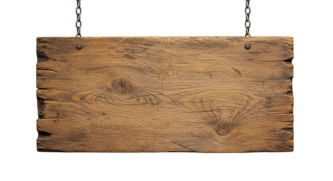 A weathered wooden sign hanging from metal chains against a black background in a studio setting