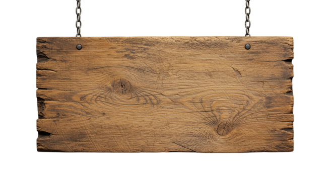 A weathered wooden sign hanging from metal chains against a black background in a studio setting
