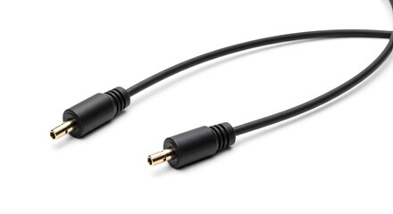 Obraz premium Close up shot of a black dc power cable with gold pins on a white background in a studio setting