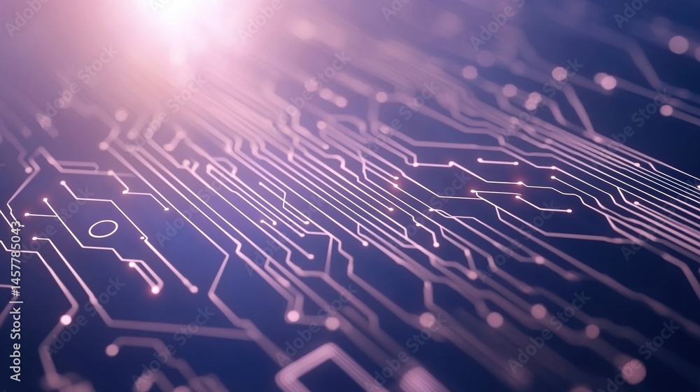 Poster a close-up view of a glowing electronic circuit board with intricate pathways and a purple light eff