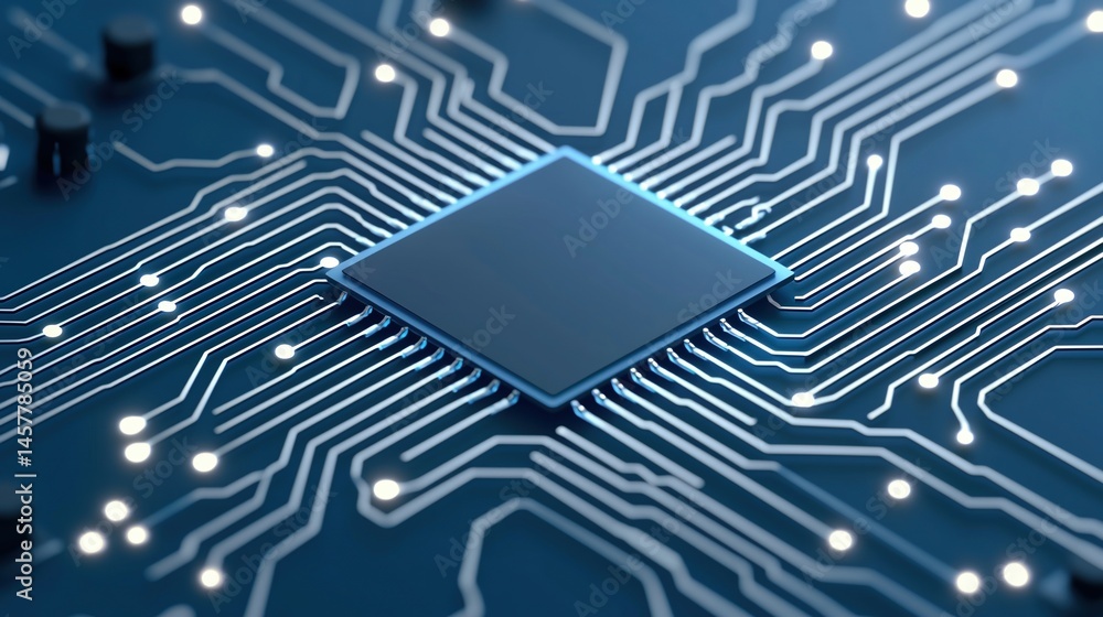 Poster a microchip with glowing circuits on a blue printed circuit board, representing modern technology an