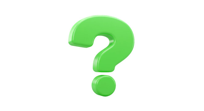 Green 3D question mark isolated on transparent background, ideal for search icons, inquiry button designs, knowledge base graphics, and interactive query visuals for digital platforms