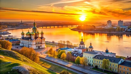 Obraz premium Nizhny Novgorod Spring Sunset: Cityscape Panorama, Golden Hour, Russian River Views