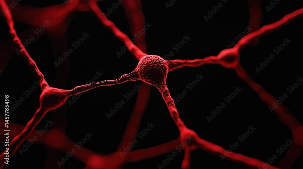 Poster a network of glowing red neurons connected against a dark background, illustrating neural connection