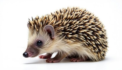 Tiny hedgehog, curled in ball, isolated on white background, wild animal, wildlife photography