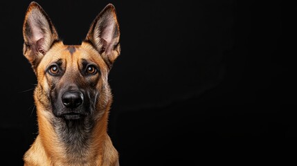 Fototapeta premium A German Shepherd dog stares attentively against a plain black background.
