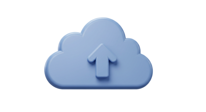 Cloud with upward arrow symbol isolated on transparent background, suitable for cloud upload icons, online storage visuals, data backup illustrations, and tech UI designs